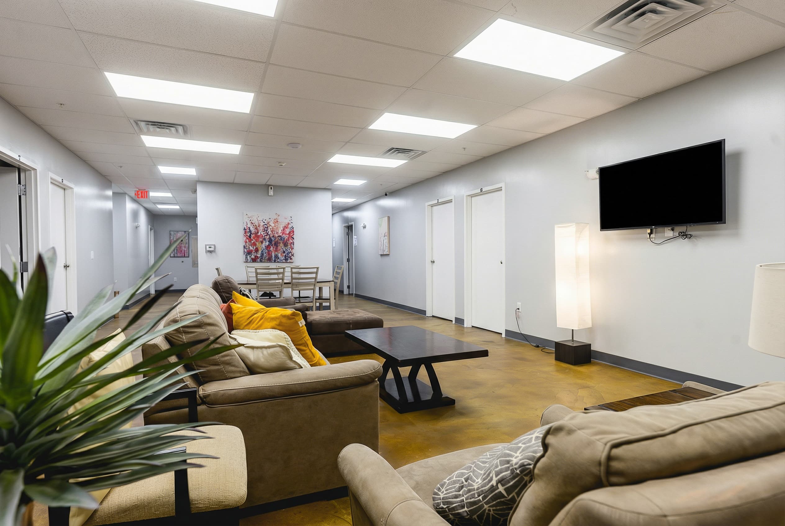 Women's dorm lounge with mounted TV, sectional seating, and a potted plant